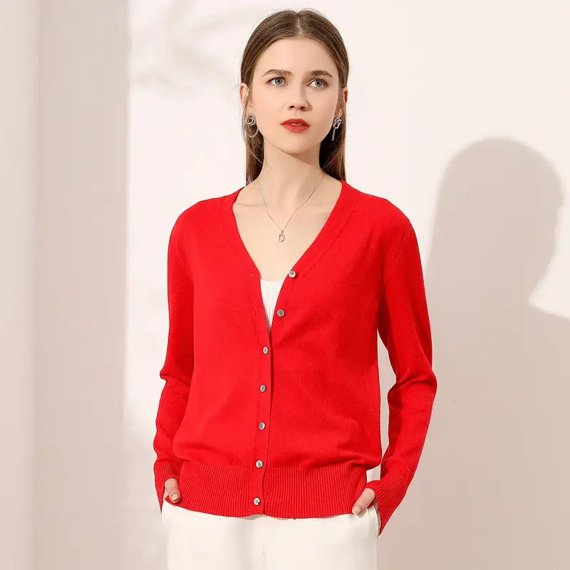Women's Blue Knitted V-Neck Cardigan 2021 New Arrival - Image 4