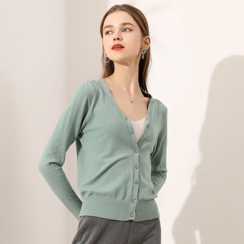 Women's Blue Knitted V-Neck Cardigan 2021 New Arrival - Image 7