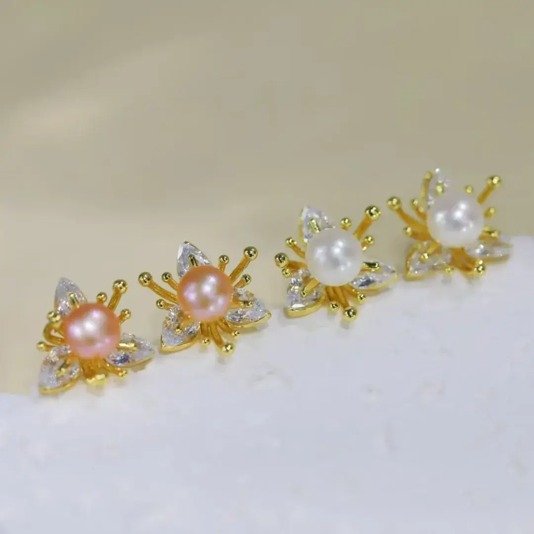 S925 Gold Pearl Butterfly Earrings Zircon Flower Design - Image 2