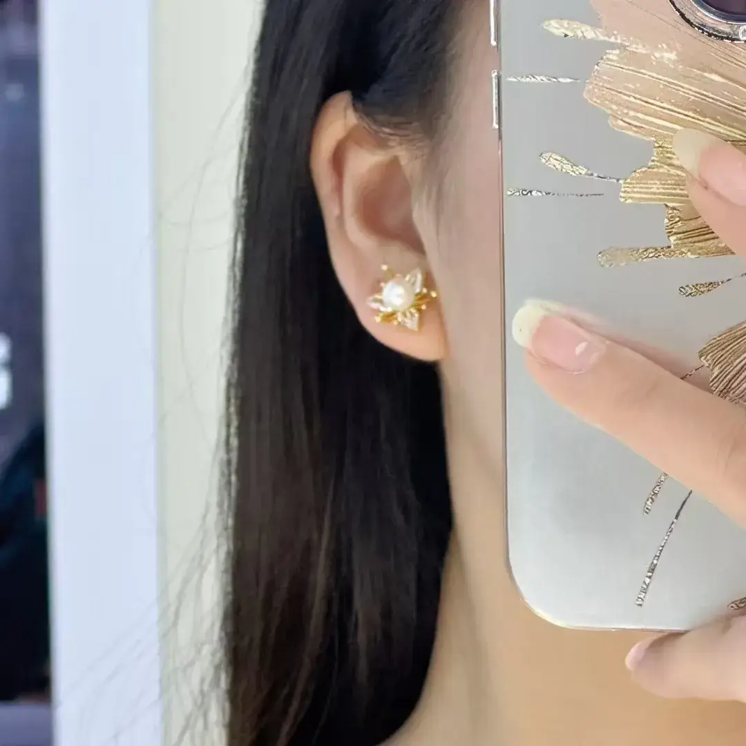 S925 Gold Pearl Butterfly Earrings Zircon Flower Design - Image 3