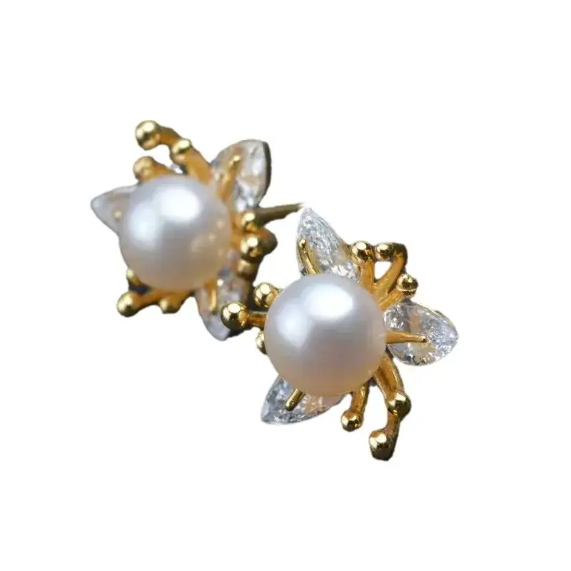 S925 Gold Pearl Butterfly Earrings Zircon Flower Design - Image 5