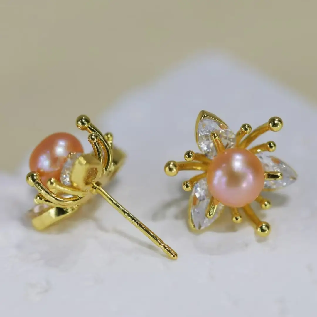 S925 Gold Pearl Butterfly Earrings Zircon Flower Design — feature 4
