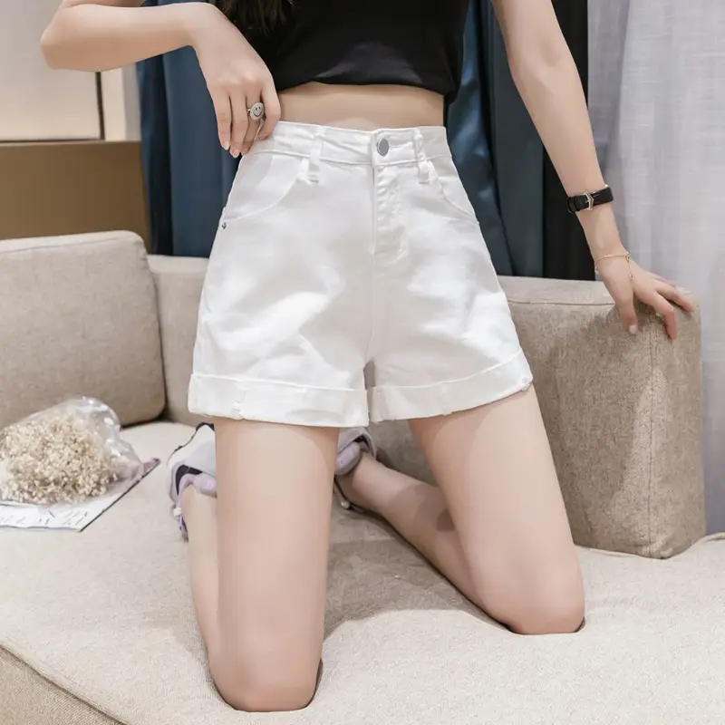 White Denim Shorts Women's Loose Fit High Waist 2023 - Image 5