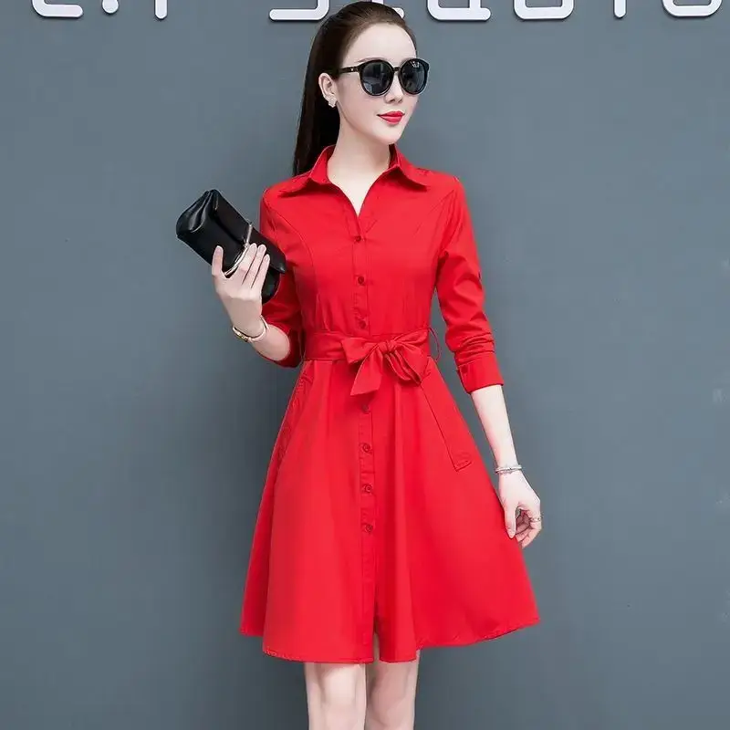Red Long Sleeve V-Neck A-Line Dress for Women
