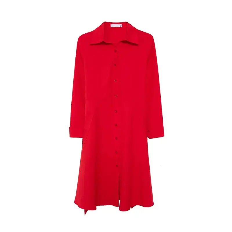 Red Long Sleeve V-Neck A-Line Dress for Women