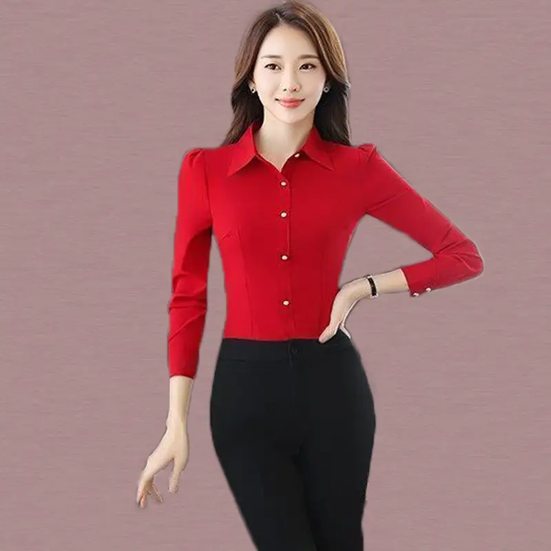 Red Long Sleeve Button-Down Shirt for Women - Image 15