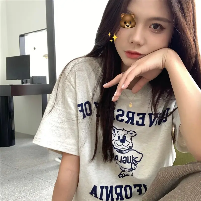 2025 Korean Chic Bear Print T-Shirt Women Loose Summer - Image 7