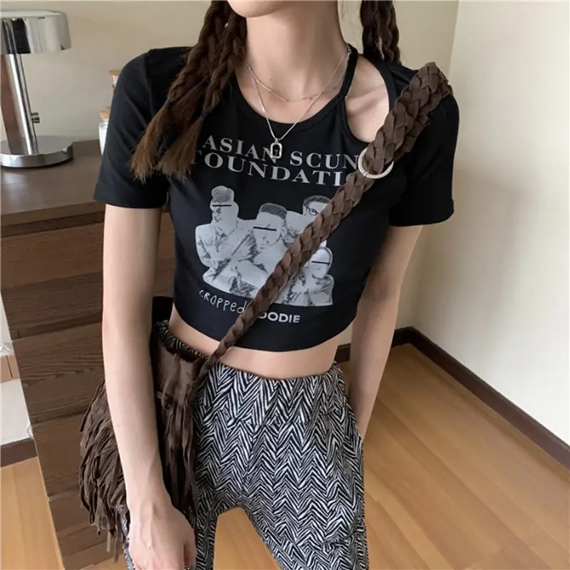 Women 2025 Hollow Out T-Shirt American Retro Slim Fit - Image 8