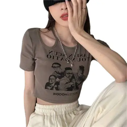 Women 2025 Hollow Out T-Shirt American Retro Slim Fit - Image 9