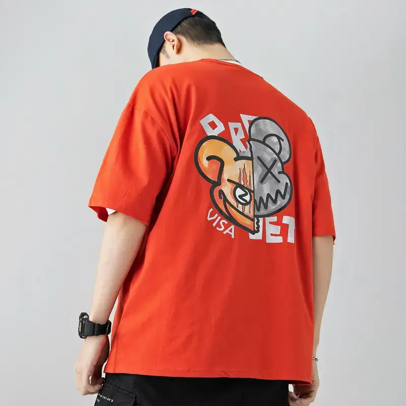 New Men's Orange Japanese Style T-Shirt Duffian Print - Image 8