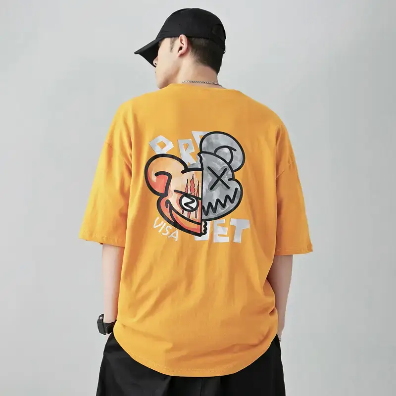 New Men's Orange Japanese Style T-Shirt Duffian Print - Image 3