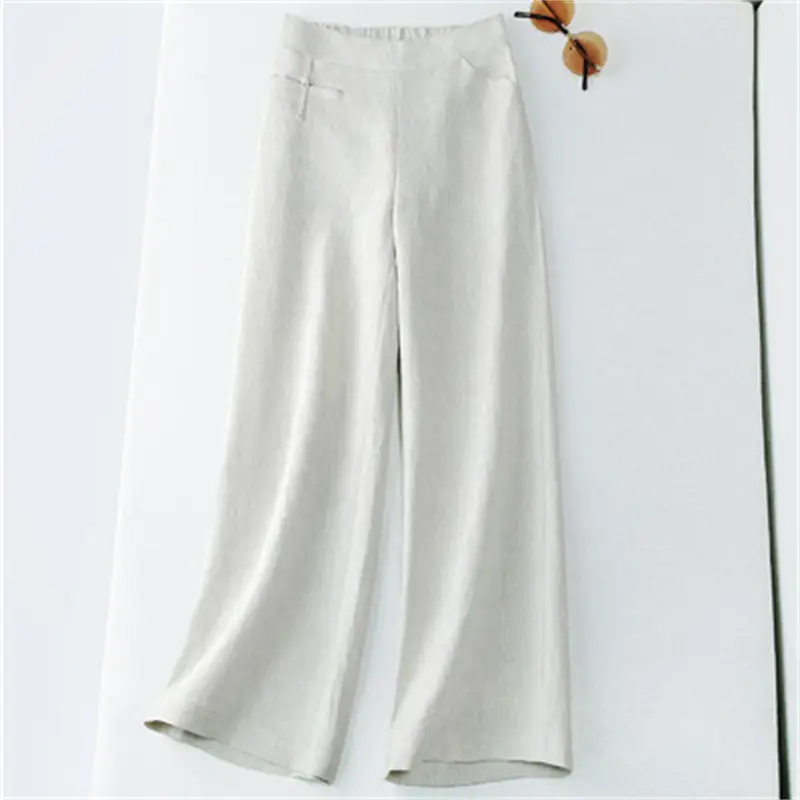 Women Cotton Linen Wide Leg Pants Green Spring Summer - Image 9