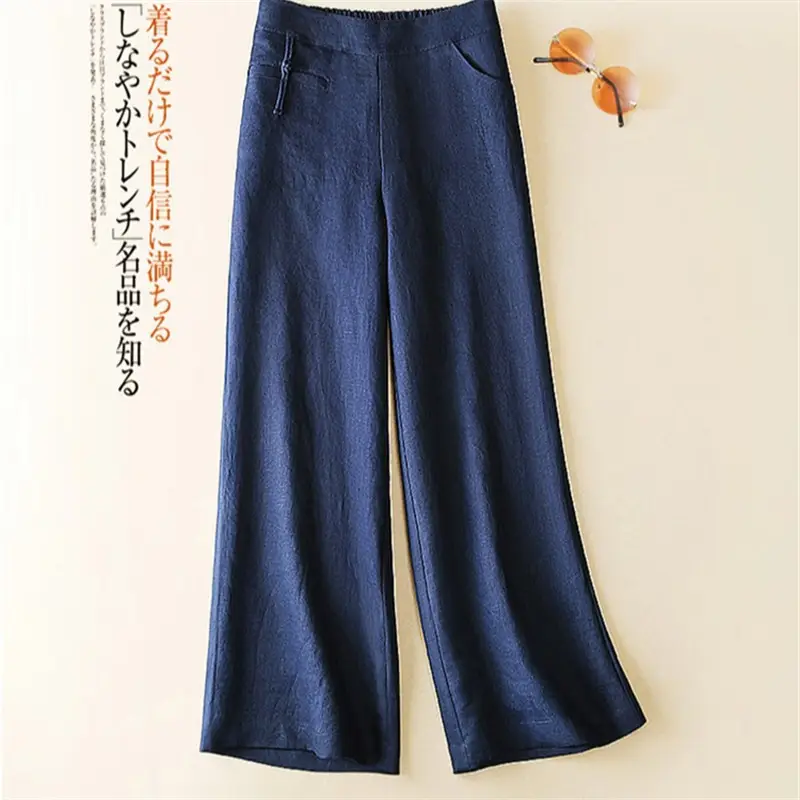 Women Cotton Linen Wide Leg Pants Green Spring Summer - Image 10
