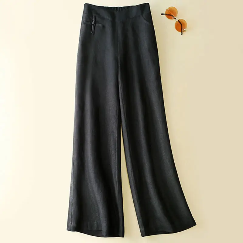 Women Cotton Linen Wide Leg Pants Green Spring Summer - Image 2