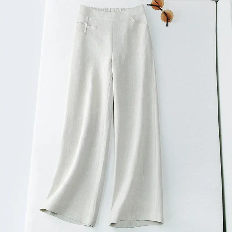 Women Cotton Linen Wide Leg Pants Green Spring Summer - Image 3
