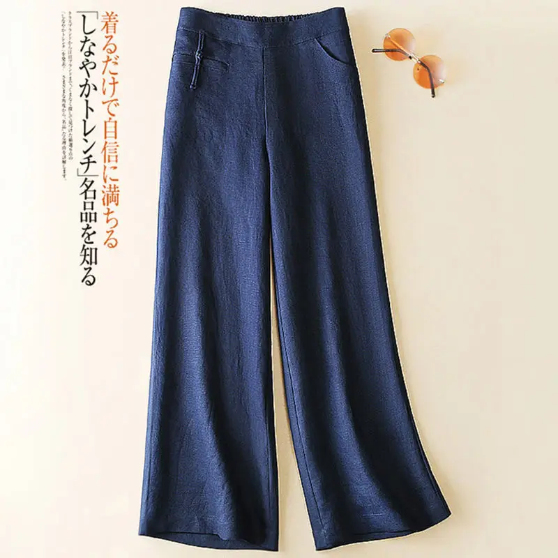 Women Cotton Linen Wide Leg Pants Green Spring Summer - Image 5