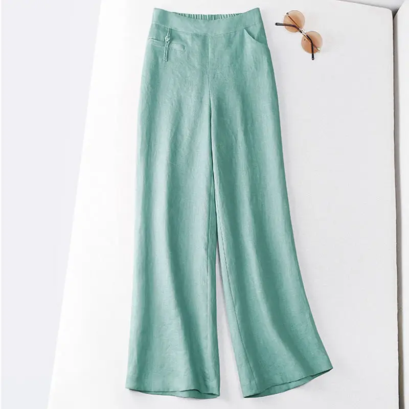 Women Cotton Linen Wide Leg Pants Green Spring Summer - Image 6