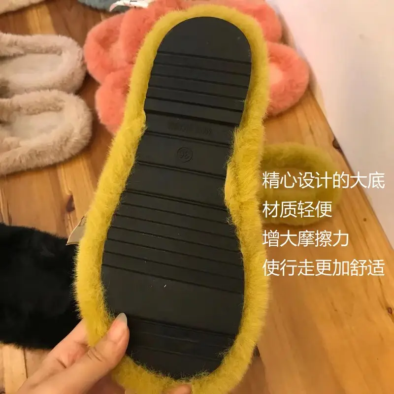 Autumn and Winter new style double-strap woolen slippers fashionable casual women's cotton slippers flat home 42 plush slippers