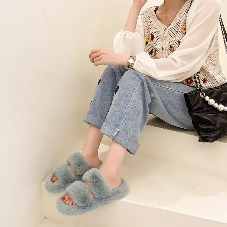 Autumn and Winter new style double-strap woolen slippers fashionable casual women's cotton slippers flat home 42 plush slippers