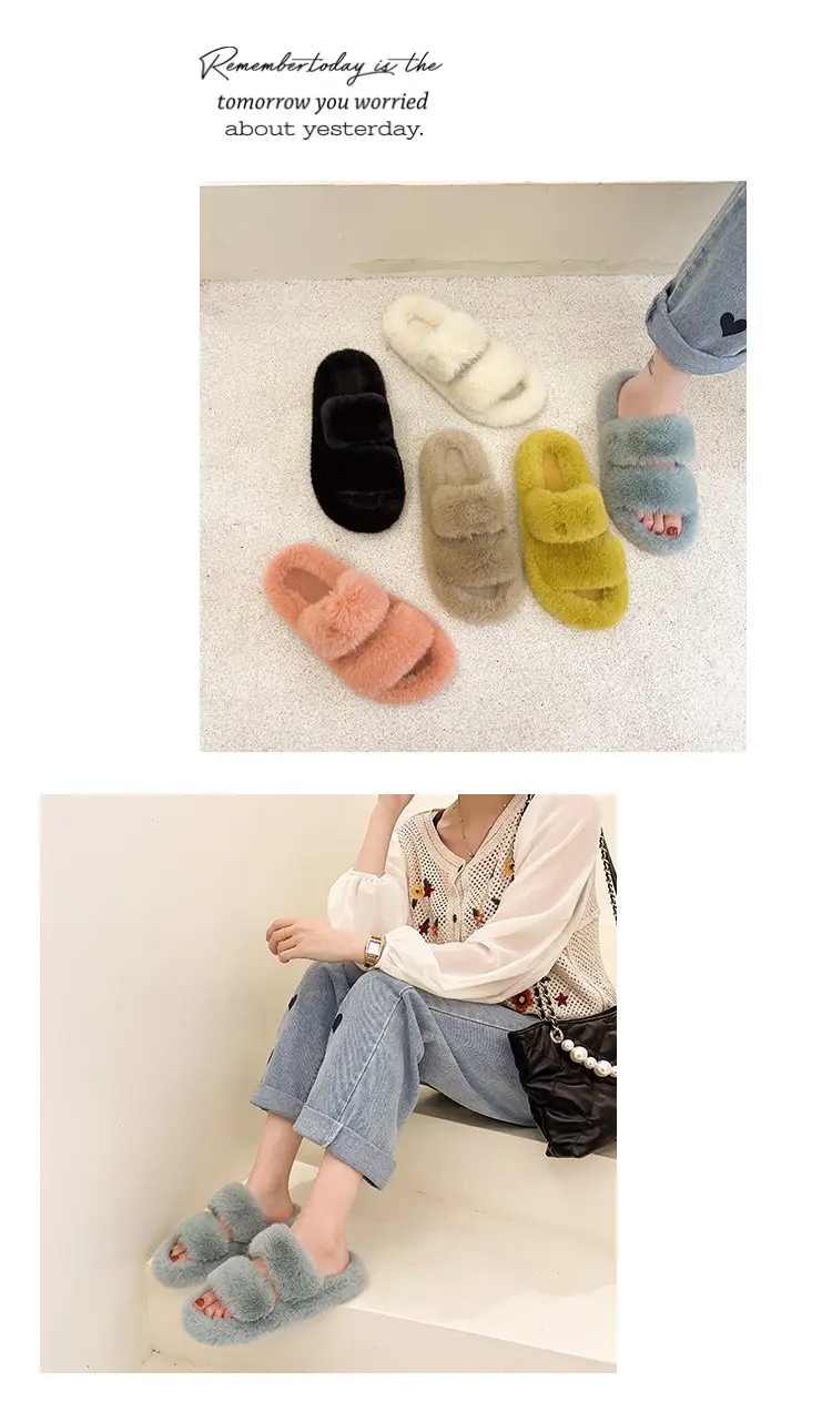 Autumn and Winter new style double-strap woolen slippers fashionable casual women's cotton slippers flat home 42 plush slippers — feature 10