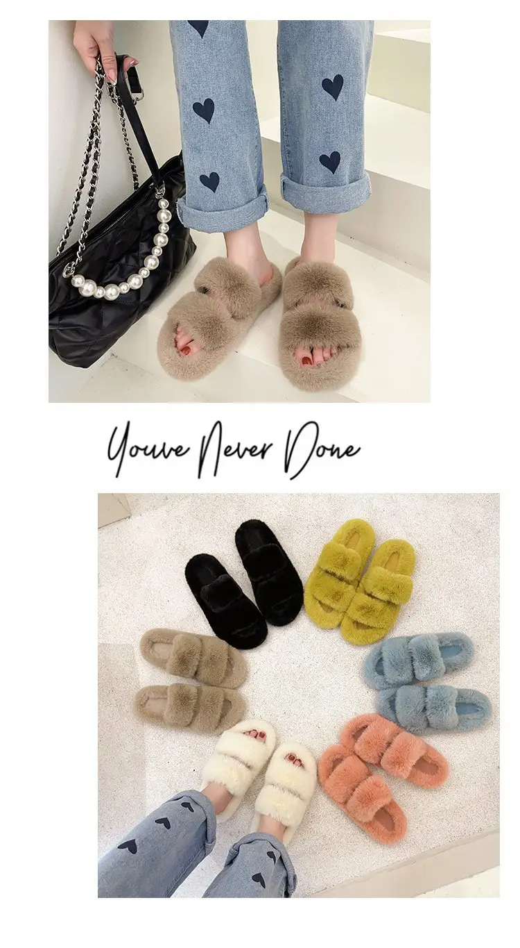 Autumn and Winter new style double-strap woolen slippers fashionable casual women's cotton slippers flat home 42 plush slippers — feature 12