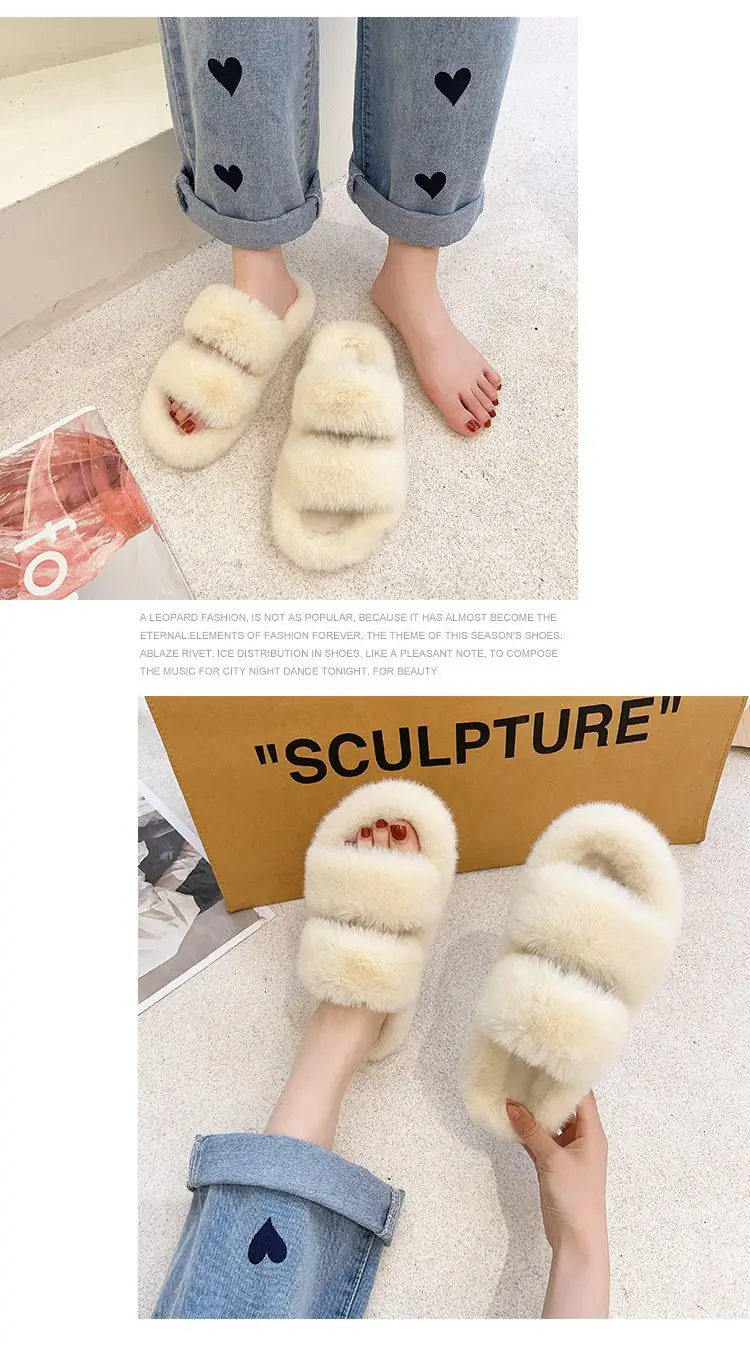 Autumn and Winter new style double-strap woolen slippers fashionable casual women's cotton slippers flat home 42 plush slippers — feature 13