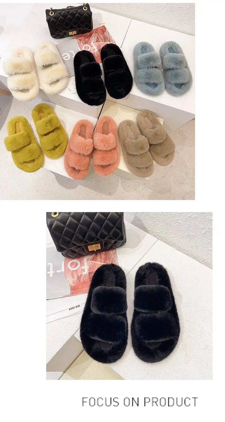 Autumn and Winter new style double-strap woolen slippers fashionable casual women's cotton slippers flat home 42 plush slippers — feature 14