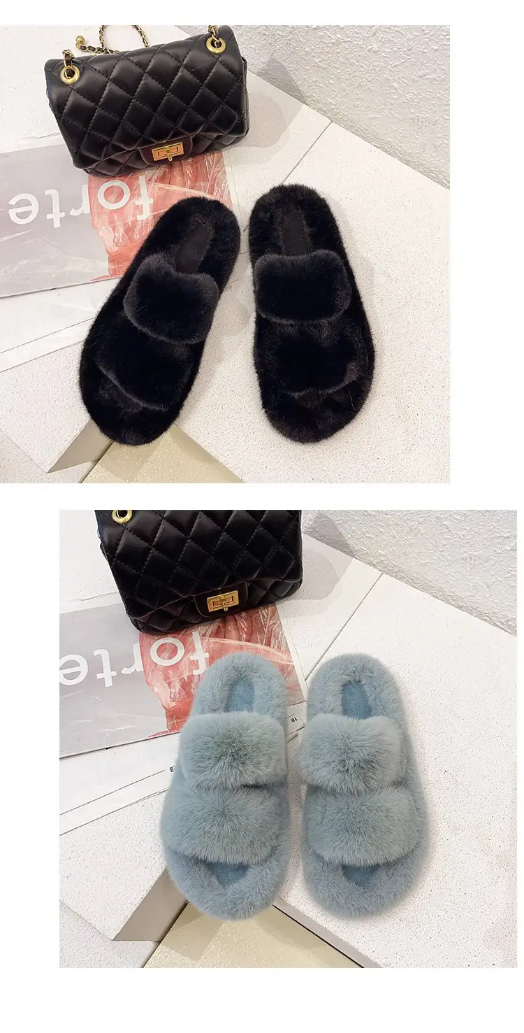 Autumn and Winter new style double-strap woolen slippers fashionable casual women's cotton slippers flat home 42 plush slippers — feature 15