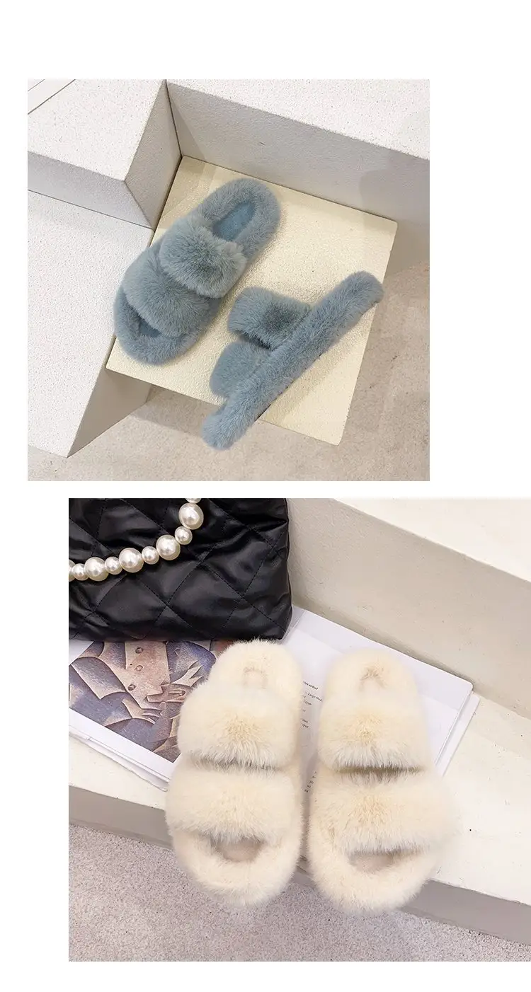 Autumn and Winter new style double-strap woolen slippers fashionable casual women's cotton slippers flat home 42 plush slippers — feature 16