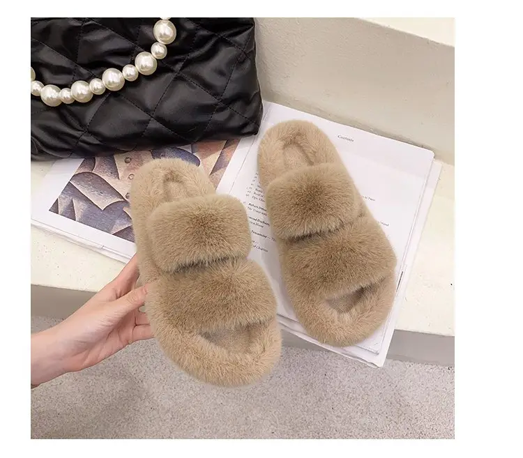 Autumn and Winter new style double-strap woolen slippers fashionable casual women's cotton slippers flat home 42 plush slippers — feature 20