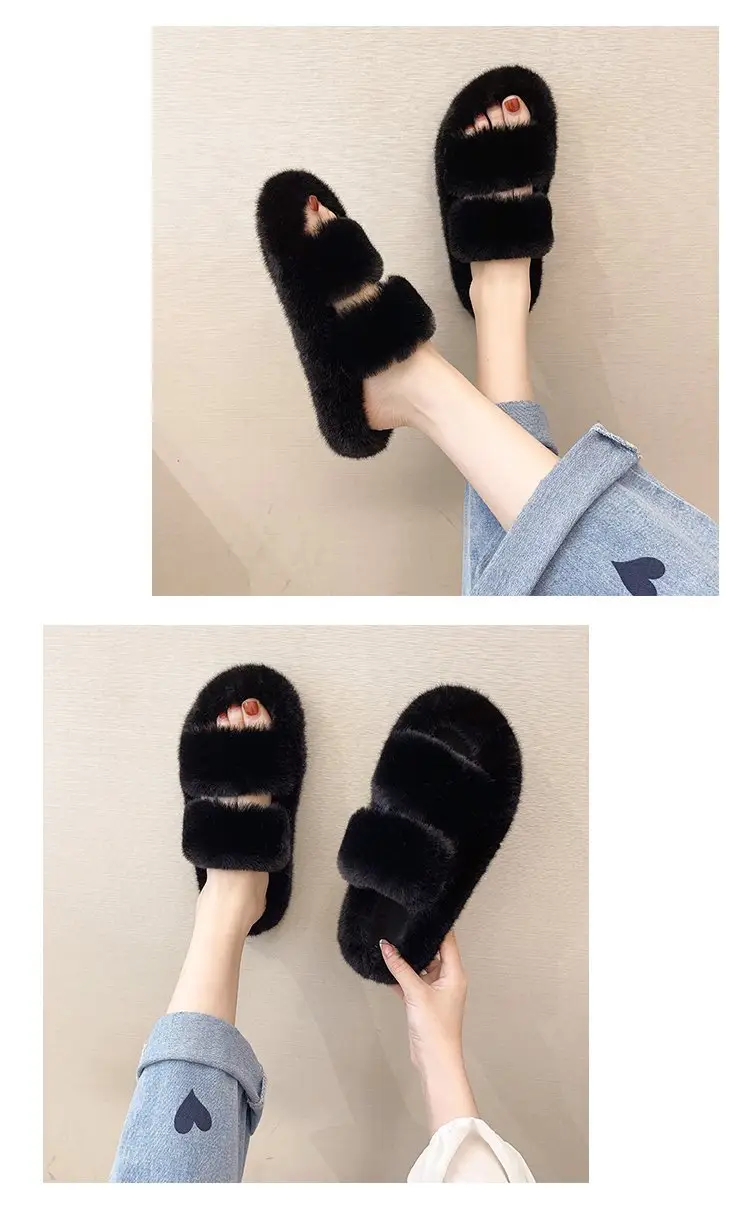 Autumn and Winter new style double-strap woolen slippers fashionable casual women's cotton slippers flat home 42 plush slippers — feature 7