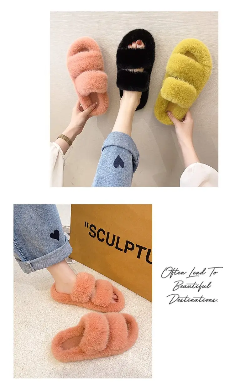 Autumn and Winter new style double-strap woolen slippers fashionable casual women's cotton slippers flat home 42 plush slippers — feature 8