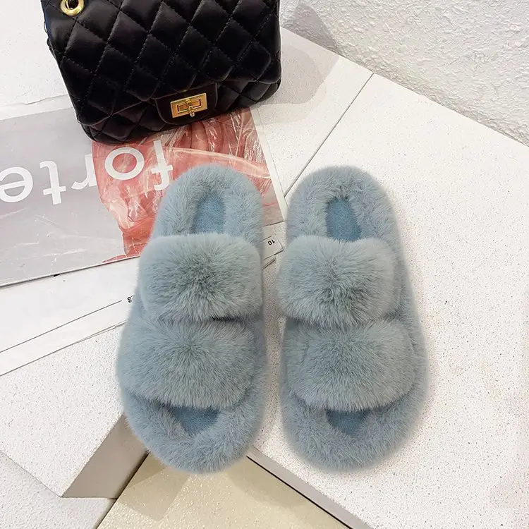 Autumn and Winter new style double-strap woolen slippers fashionable casual women's cotton slippers flat home 42 plush slippers