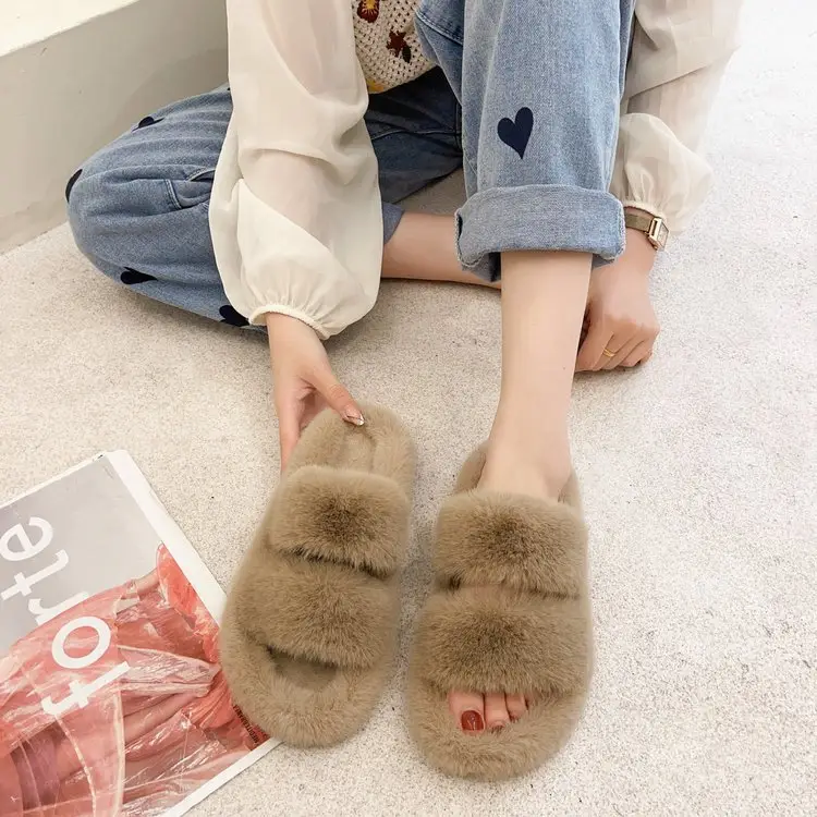 Autumn and Winter new style double-strap woolen slippers fashionable casual women's cotton slippers flat home 42 plush slippers