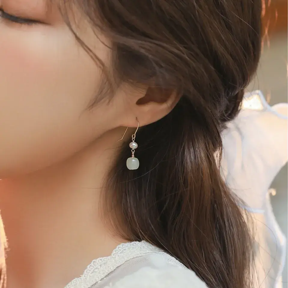Hetian Jade Pearl Earrings 14K Gold Plated - Image 3