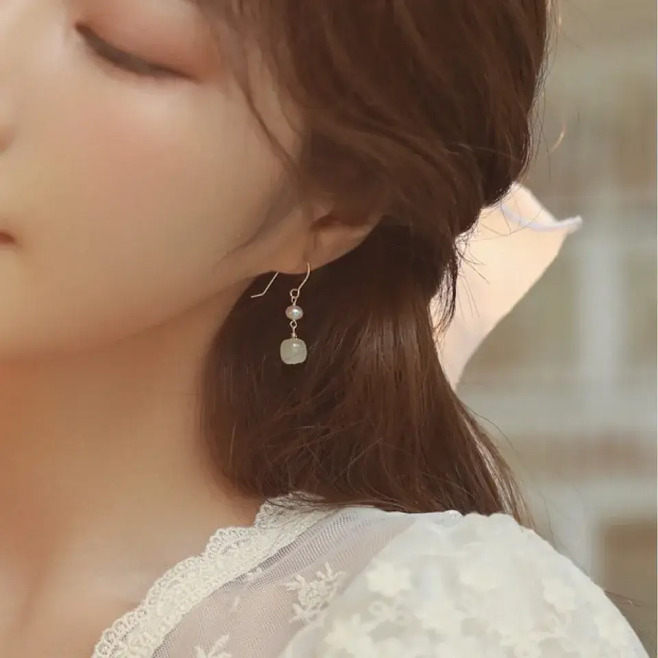 Hetian Jade Pearl Earrings 14K Gold Plated - Image 4