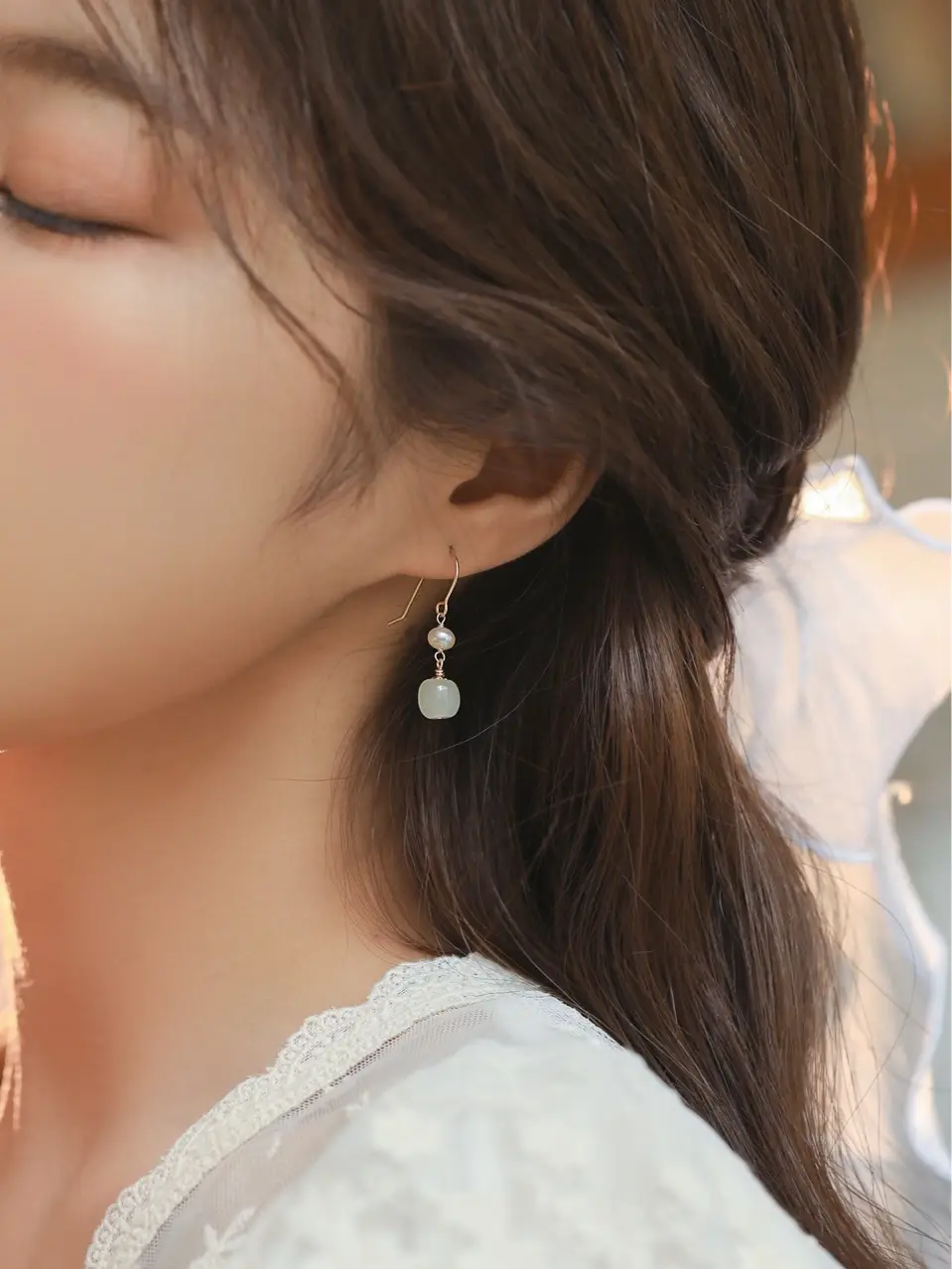 Hetian Jade Pearl Earrings 14K Gold Plated — feature 3