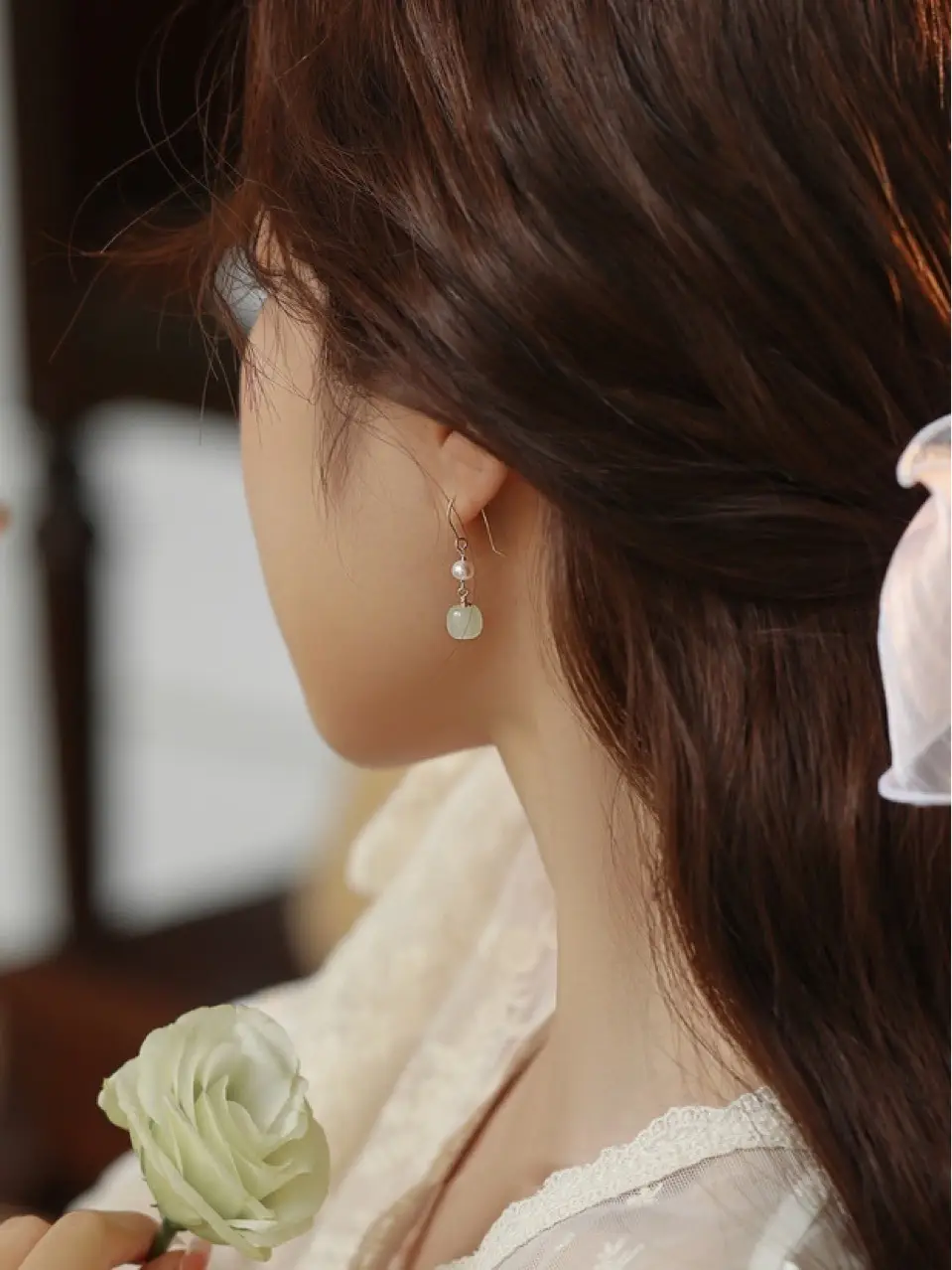 Hetian Jade Pearl Earrings 14K Gold Plated — feature 5