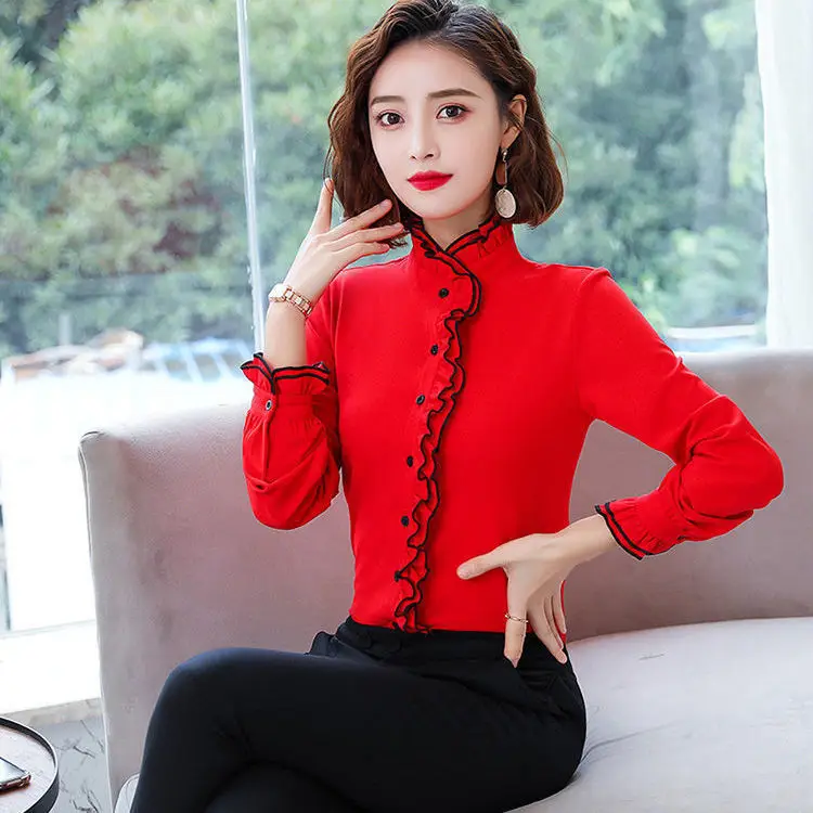 Women's Korean Style Ruffled Hem Shirt White Long Sleeve - Image 5