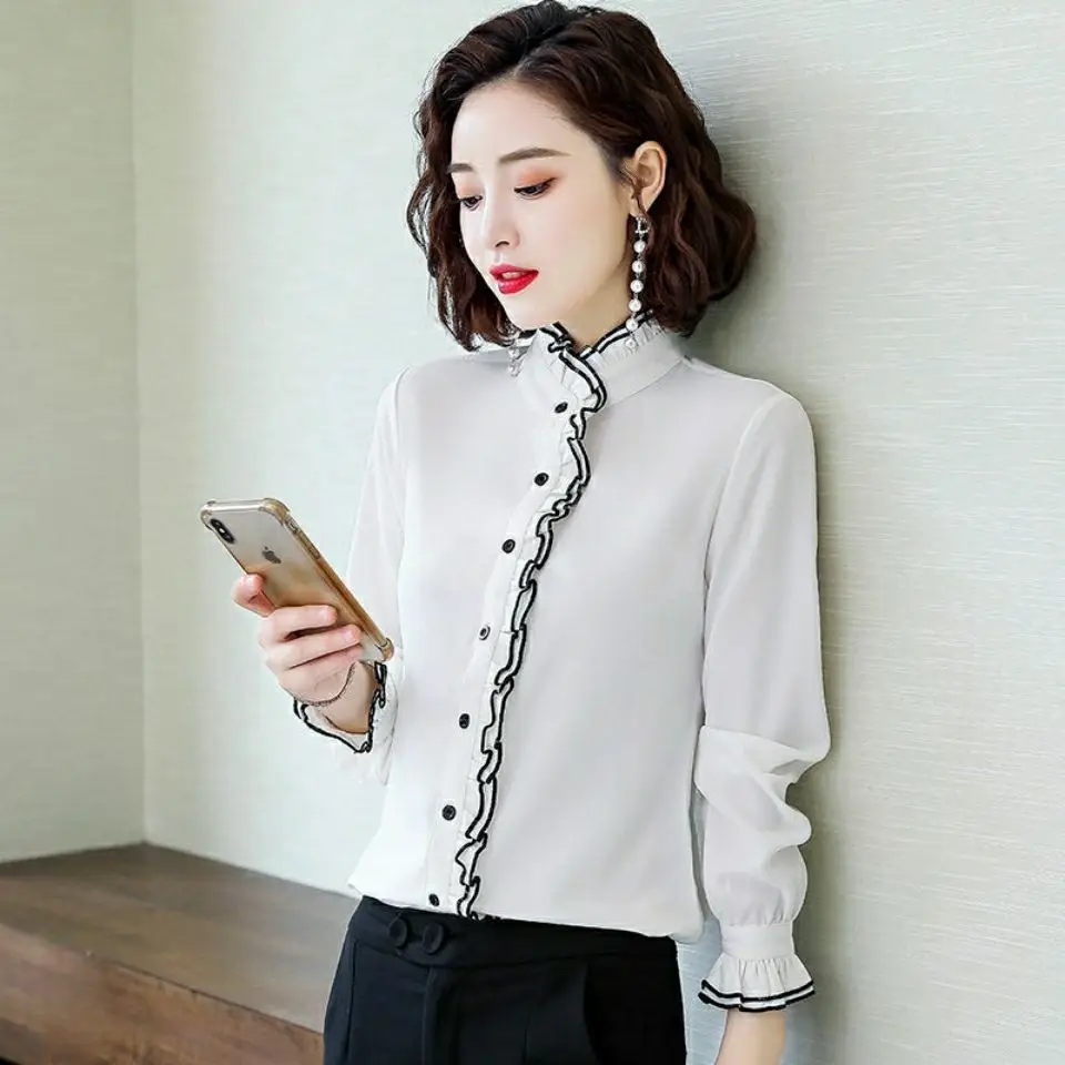 Women's Korean Style Ruffled Hem Shirt White Long Sleeve - Image 7