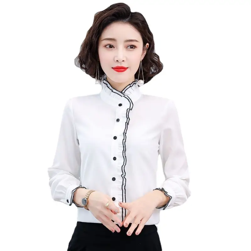 Women's Korean Style Ruffled Hem Shirt White Long Sleeve - Image 8