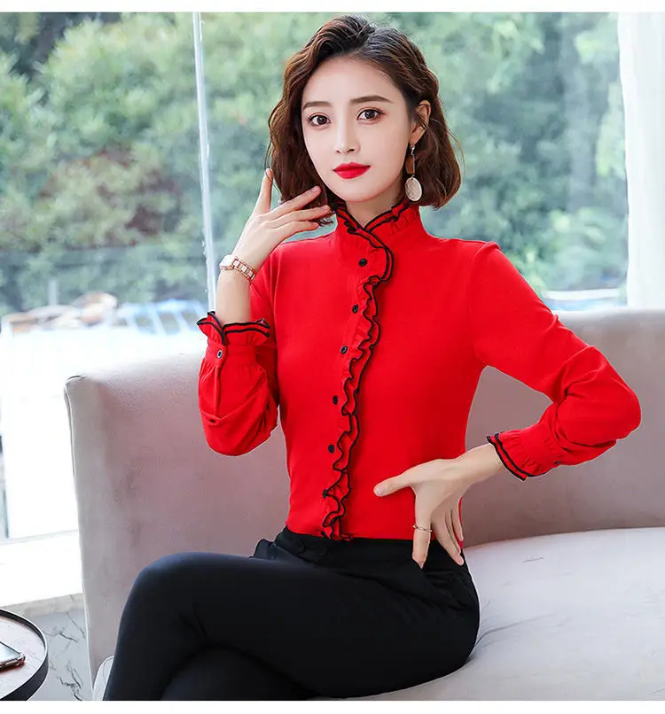 Women's Korean Style Ruffled Hem Shirt White Long Sleeve — feature 10
