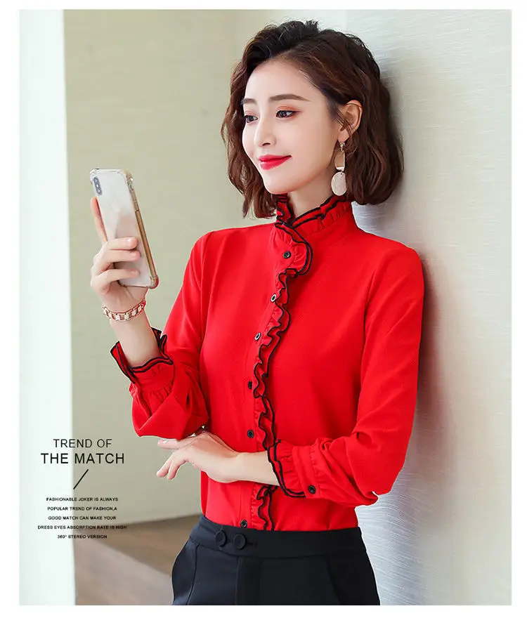 Women's Korean Style Ruffled Hem Shirt White Long Sleeve — feature 12