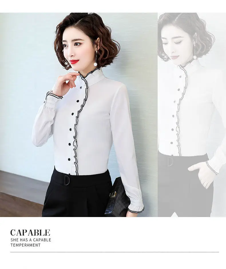 Women's Korean Style Ruffled Hem Shirt White Long Sleeve — feature 14