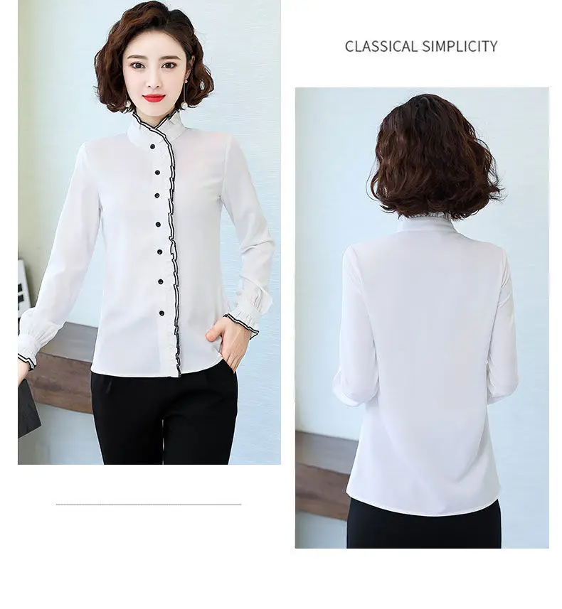 Women's Korean Style Ruffled Hem Shirt White Long Sleeve — feature 15