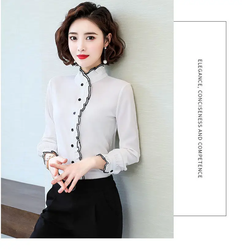Women's Korean Style Ruffled Hem Shirt White Long Sleeve — feature 16