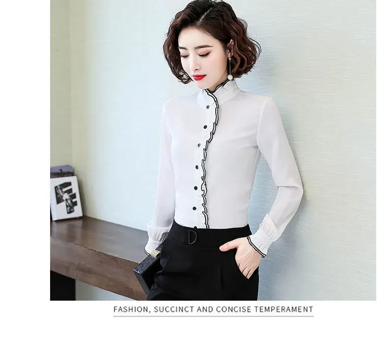 Women's Korean Style Ruffled Hem Shirt White Long Sleeve — feature 17