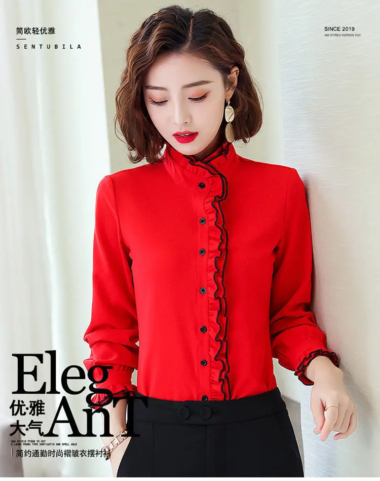 Women's Korean Style Ruffled Hem Shirt White Long Sleeve — feature 9