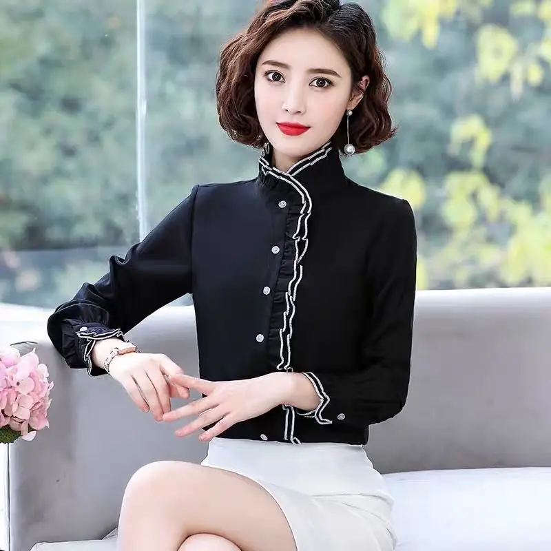 Women's Korean Style Ruffled Hem Shirt White Long Sleeve - Image 3