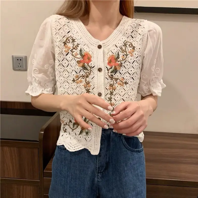 New V-Neck Lace Chiffon Short Sleeve Cardigan Set - Image 22